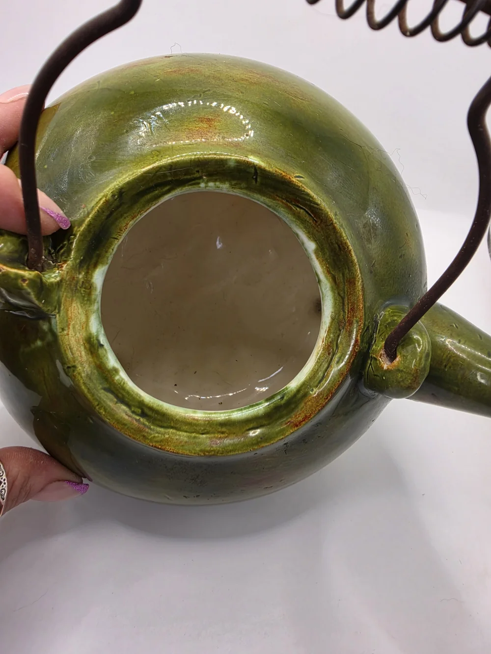 Vintage 1960s Glazed Ceramic Stoneware Teapot in Olive Green with Coil Wire Hand